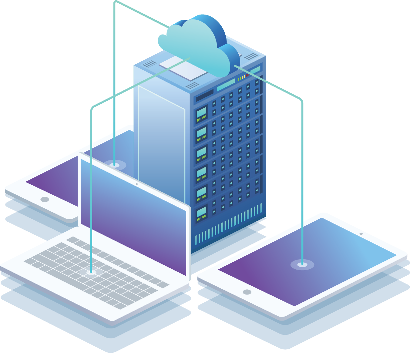 computer and mobile devices plugged into cloud